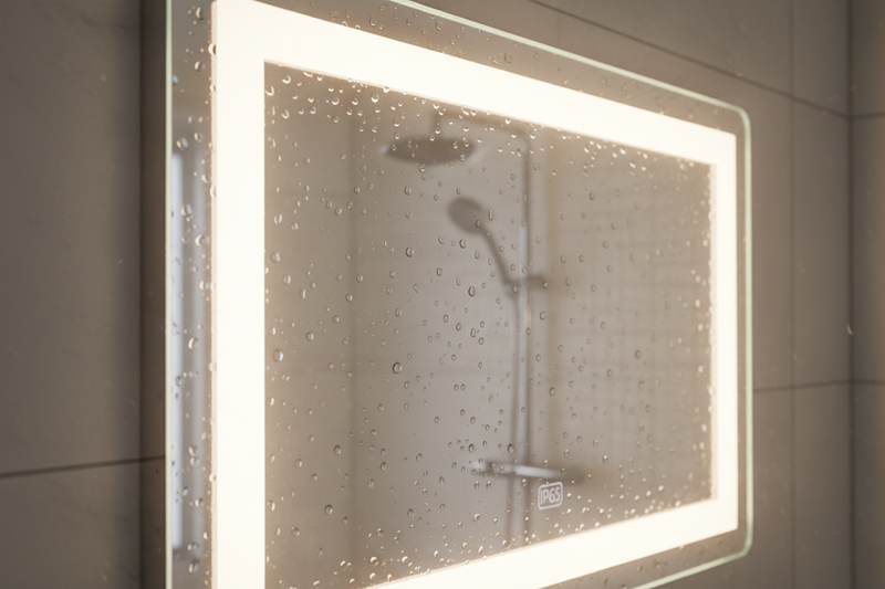 Generate image of a illuminated mirror for IP65 Zone 1  Safe for Wet Areas